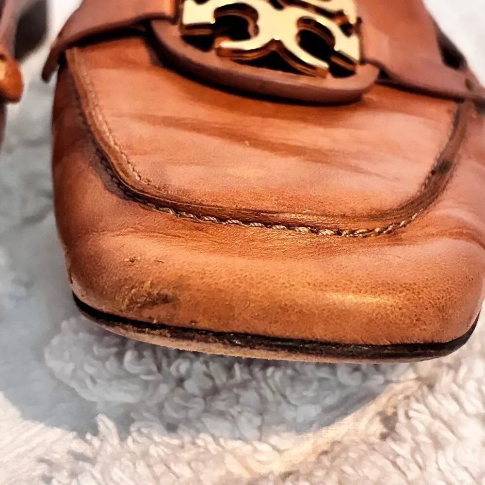 Tory Burch Miller Leather Loafers Cognac Brown Metal Logo Size 6.5